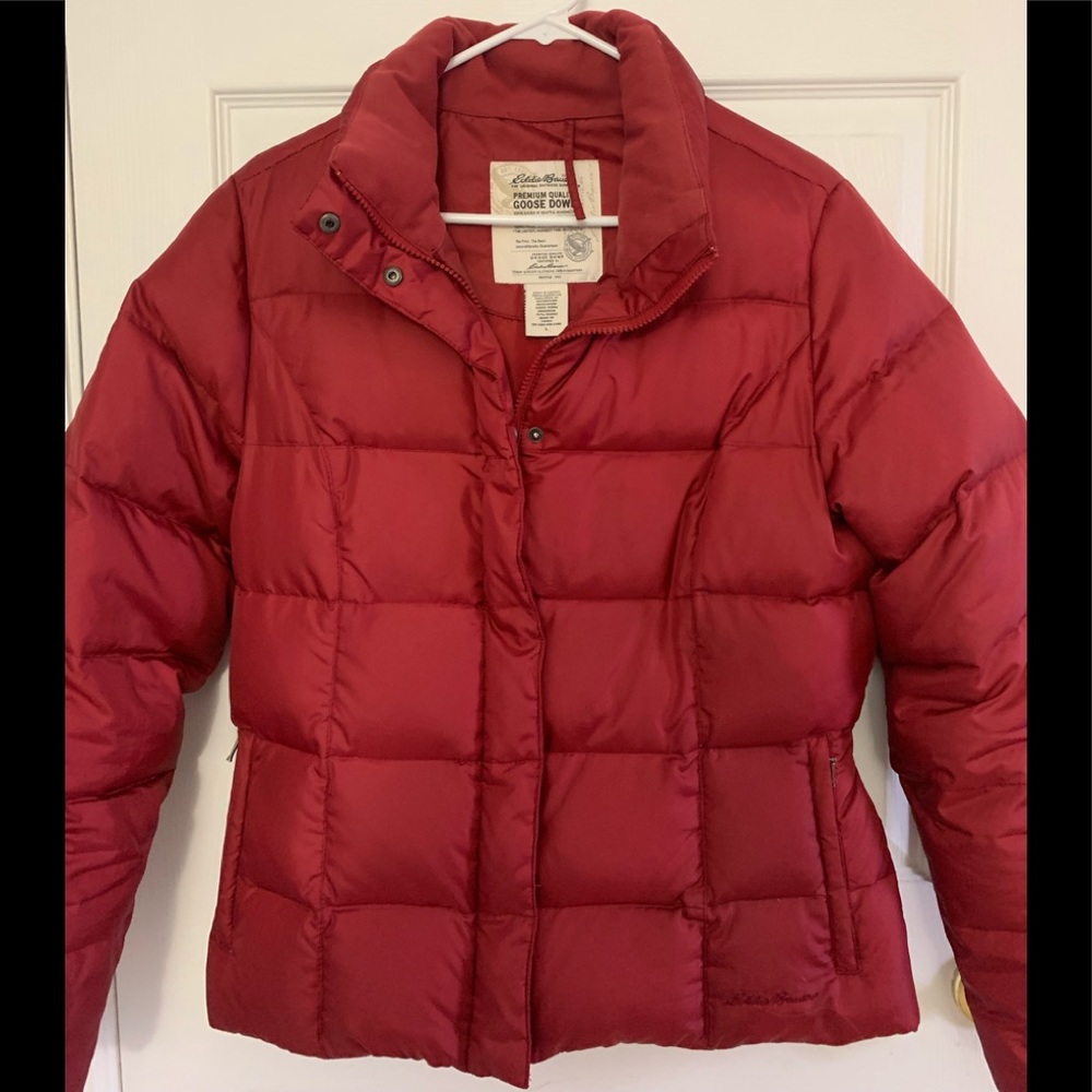 Eddie Bauer Goose Down Red Puffer Jacket Sz L EC!
